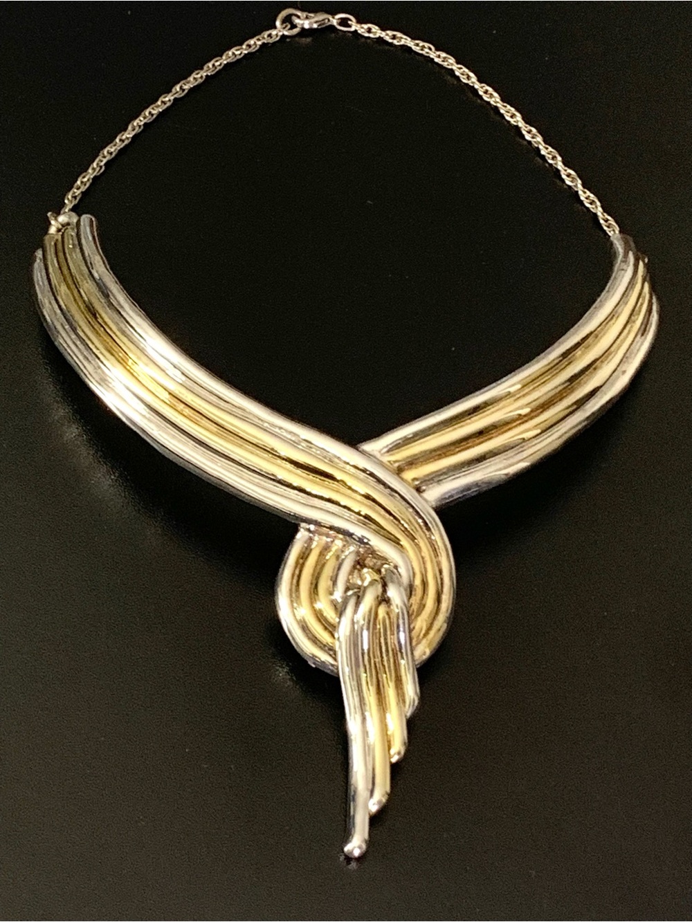 Heavy 73g Vintage 925 Sterling Silver and Vermeil Puffed Ribbon Knot Choker Neck